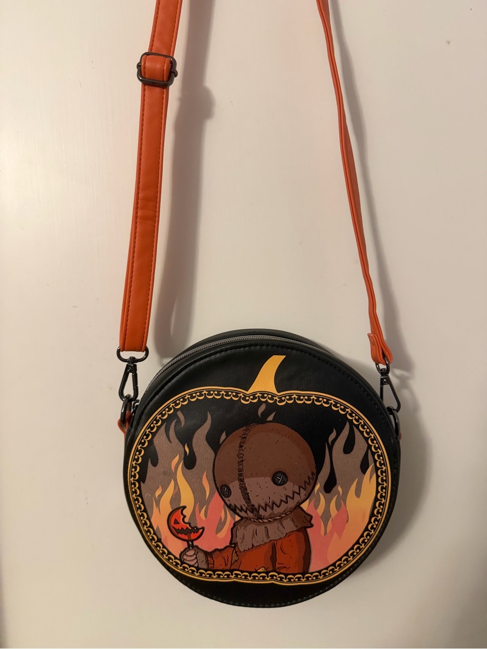 Loungefly Black & Orange Pumpkin Flame Round Crossbody Bag